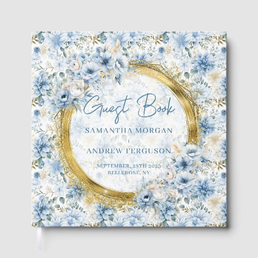 Uniek lichtblauw goud glitter bruiloft gastenboek (Voorkant)