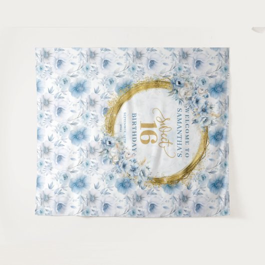 Uniek lichtblauw zoet-zestien goud glitterschild wandkleed (Voorkant (horizontaal))