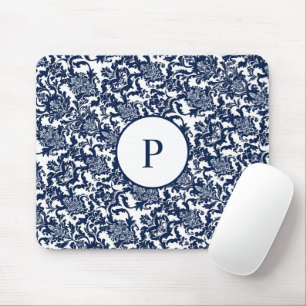 Uniek marineblauw damast patroon muismat
