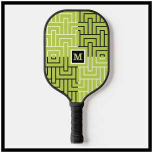 Uniek modern zwart groen patroonmonogram pickleball paddle