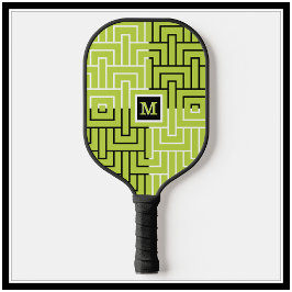 Uniek modern zwart groen patroonmonogram pickleball paddle