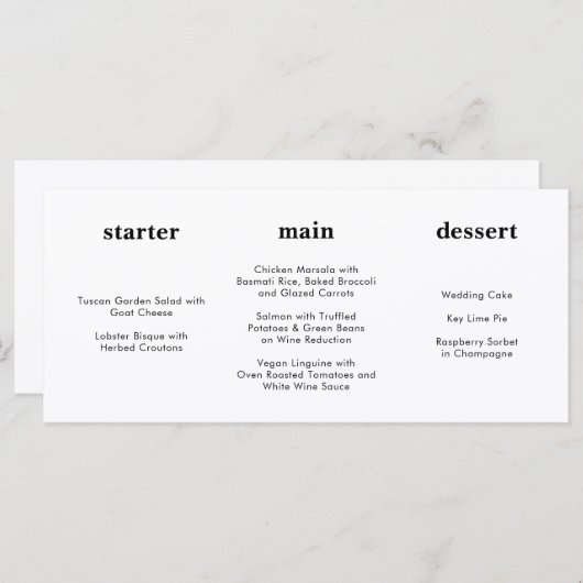 Uniek Modern Zwart Wit Horizontaal Bruiloft Menu (Voorkant / Achterkant)