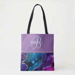 Uniek monogram I Paars Blauwgroen Agate Silver Tote Bag