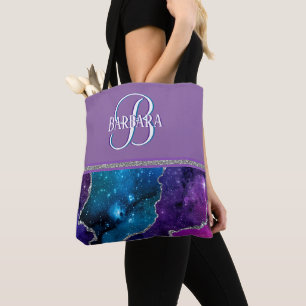 Uniek monogram I Paars Blauwgroen Agate Silver Tote Bag