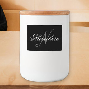 Uniek monogram voor gepersonaliseerde zwart-witnaa voedselcontainer etiket