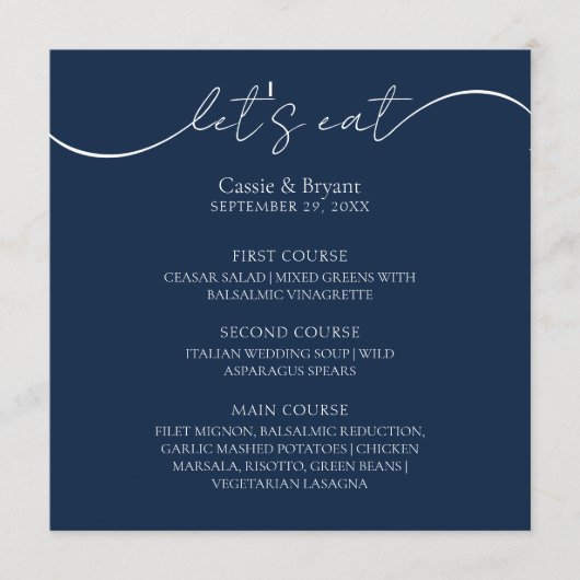 Uniek Navy Blauw Modern Script Bruiloft Menu (Voorkant)
