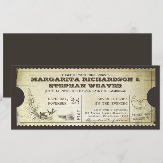 Uniek ontwerp  ticket huwelijksuitnodigingen kaart (Voorkant / Achterkant)