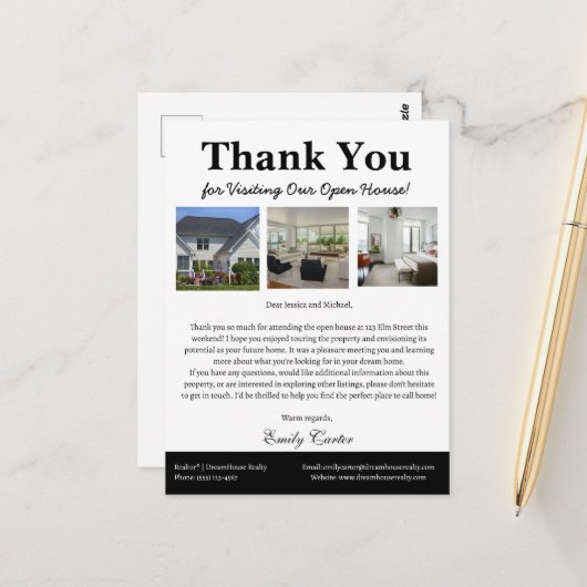 Uniek Open Huis Bedankt voor de Real Estate Briefkaart (Voorkant / Achterkant in situ)