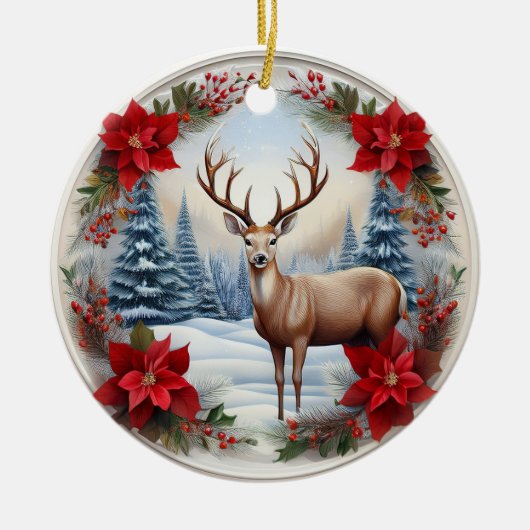 Uniek rendier, winterscène Poinsettias, hert 🦌 Keramisch Ornament (Voorkant)