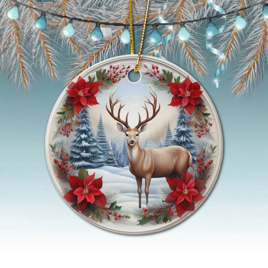 Uniek rendier, winterscène Poinsettias, hert 🦌 Keramisch Ornament