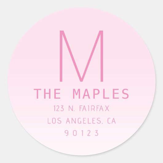 Uniek retouradres & monogram | roze ombre ronde sticker (Voorkant)
