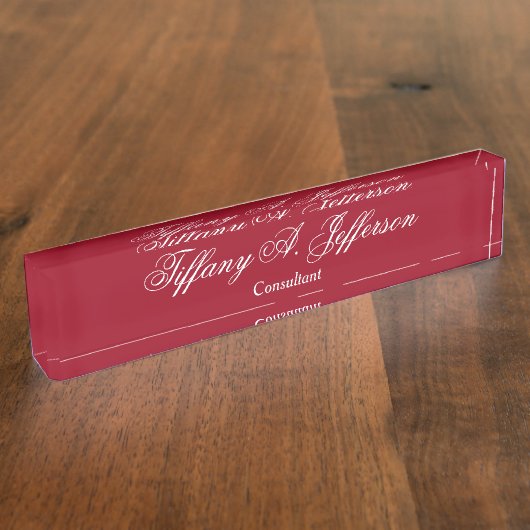 Uniek rood karmijnscript, klassiek handschrift naambordje (Zijkant)