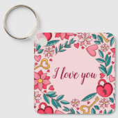 Uniek roze bloemenhart Ik hou van je Moederdag Sleutelhanger (Voorkant)