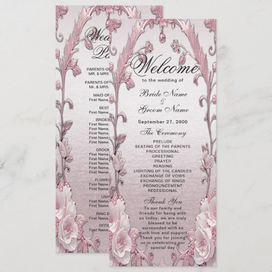 Uniek roze bloementrouwprogramma programmakaart (Voorkant / Achterkant)