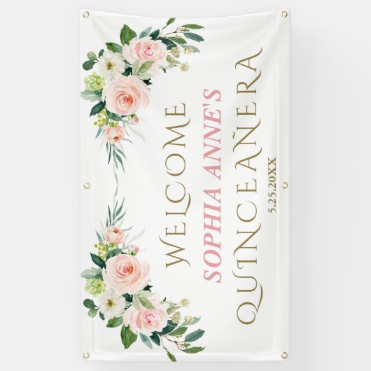 Uniek roze blos bloemig Quinceañera welkomstbord Spandoek (Verticaal)