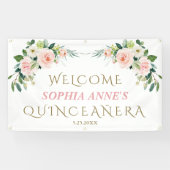 Uniek roze blos bloemig Quinceañera welkomstbord Spandoek (Horizontaal)
