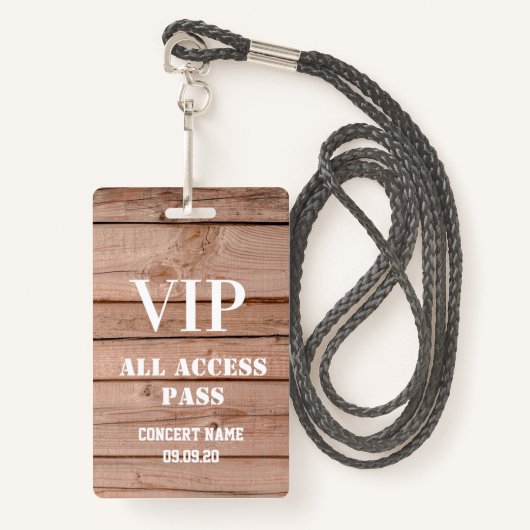 Uniek Rustiek Houten Concert All Access Pass VIP Badge (Voorkant met draagriem)