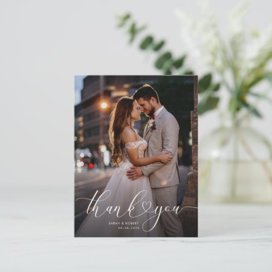 Uniek script bruiloft dank u fotokaart briefkaart (Staand voorkant)