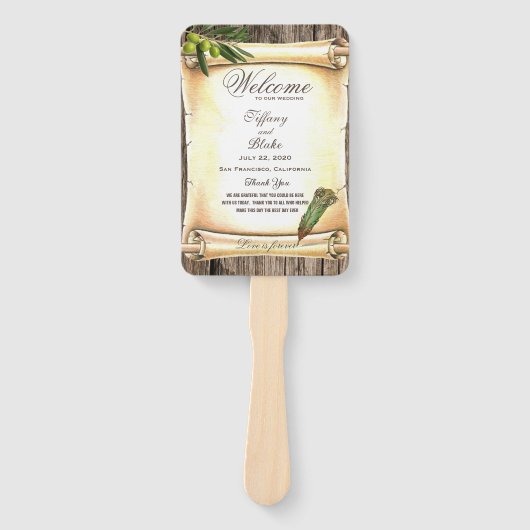 Uniek Scroll & Feather Pen huwelijksprogramma Handwaaier (Voorkant)