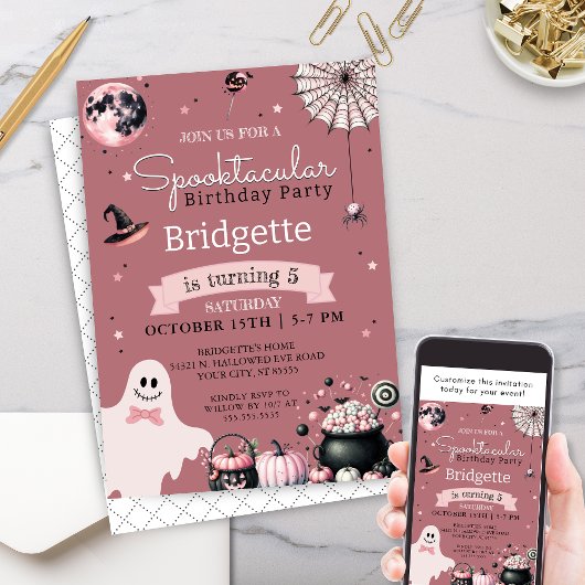 Uniek spookachtig roze Halloween verjaardagsfeestj Kaart