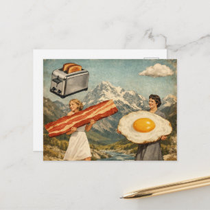 Uniek Surrealistisch Ontbijt Vrouw Bacon en Eieren Briefkaart