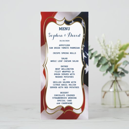 Uniek, trendy USA-vlag Huwelijksmenu op maat Menu (Staand voorkant)