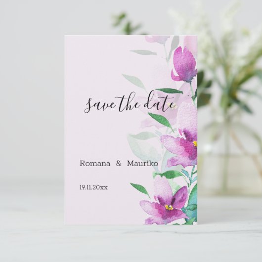 Uniek van Lila roze bloemen Waterverf Art Save The Date (Staand voorkant)