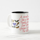 Uniek verpleegkundig pensioengeschenk; gepensionee tweekleurige koffiemok (Voorkant links)