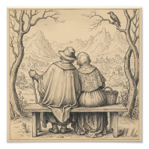 Uniek vintage antiek liefhebbend paar op de bank foto afdruk