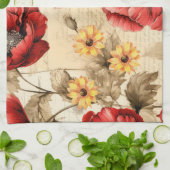 Uniek  zonnebloemen & rood papaverpatroon theedoek (Gevouwen)