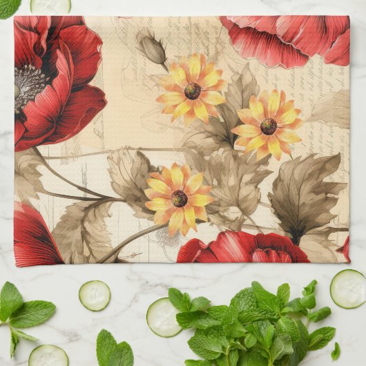 Uniek  zonnebloemen & rood papaverpatroon theedoek (Gevouwen)