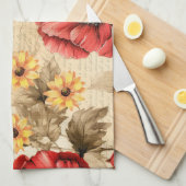 Uniek  zonnebloemen & rood papaverpatroon theedoek (Quarter Fold)