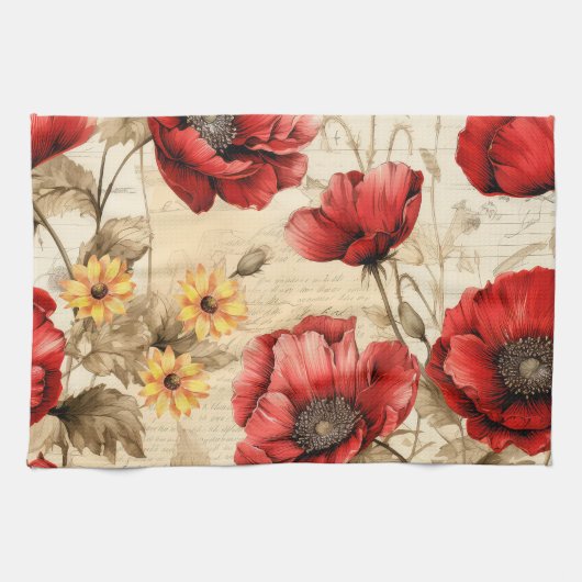 Uniek  zonnebloemen & rood papaverpatroon theedoek (Horizontaal)