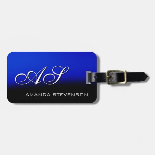 Uniek Zwart Blauw Wit Script Monogram Bag Label Bagagelabel (Voorkant horizontaal)