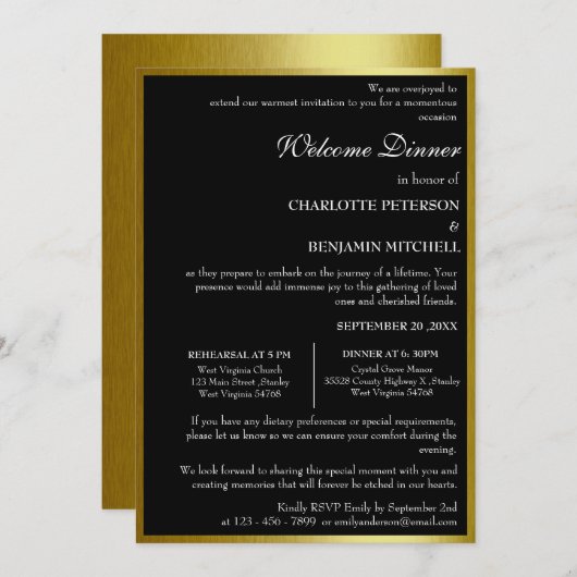 Uniek Zwart en Goud repetitie diner Kaart (Voorkant / Achterkant)