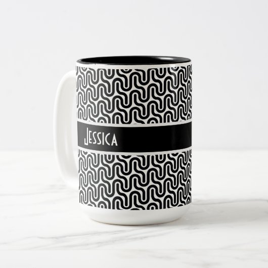 Uniek zwart-wit retro patroon gepersonaliseerd tweekleurige koffiemok (Voorkant links)