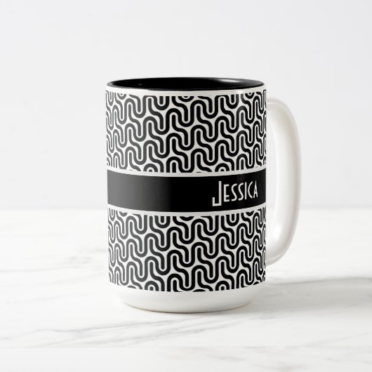 Uniek zwart-wit retro patroon gepersonaliseerd tweekleurige koffiemok (Voorkant rechts)