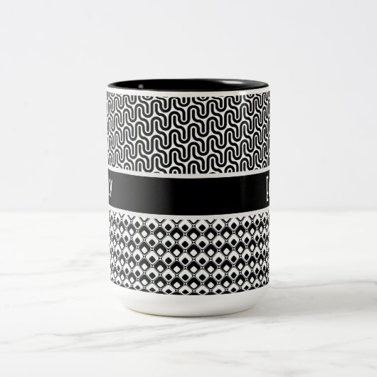Uniek zwart-wit retro patroon gepersonaliseerd tweekleurige koffiemok (Center)