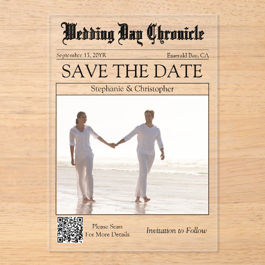 Unieke 1 Foto QR Code Krant Save the Date Acryl Uitnodigingen (Voorkant)