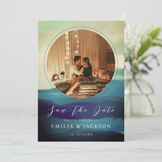 Unieke 2 Abstracte overlay voor Navy Blue Save The Date (Staand voorkant)