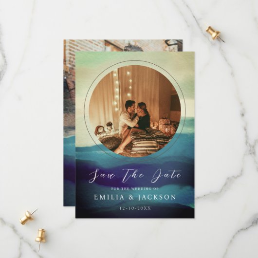 Unieke 2 Abstracte overlay voor Navy Blue Save The Date (Voorkant / Achterkant in situ)