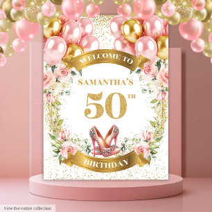 Unieke 50e verjaardag Floral Gold Glitter Achtergr Wandkleed