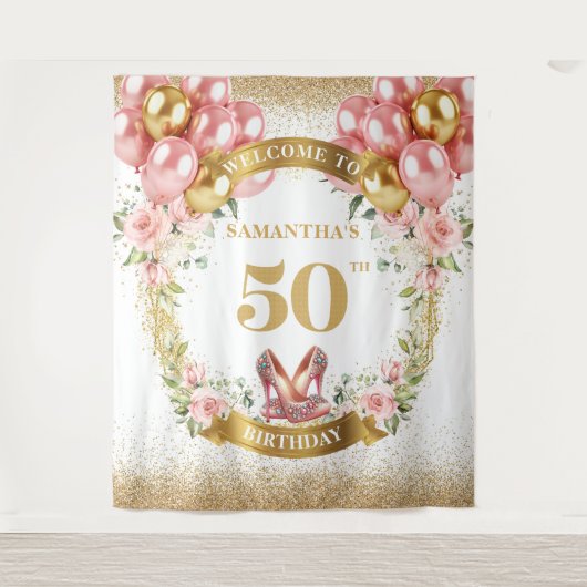 Unieke 50e verjaardag Floral Gold Glitter Achtergr Wandkleed (Voorkant)