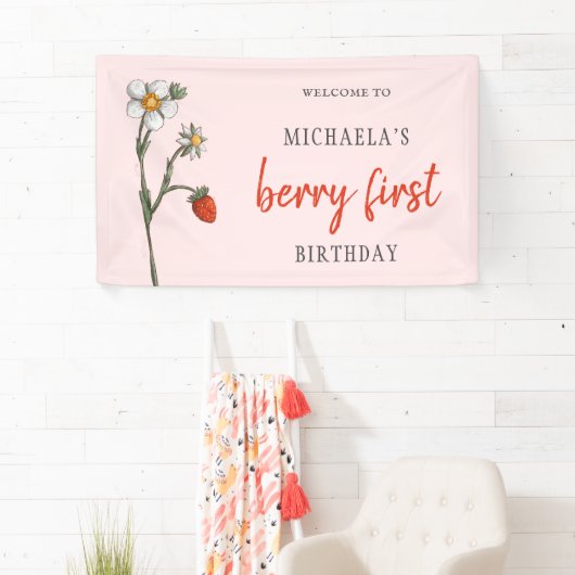 Unieke aardbeienbloemen Berry eerste verjaardag Spandoek (Insitu)
