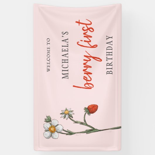 Unieke aardbeienbloemen Berry eerste verjaardag Spandoek (Verticaal)