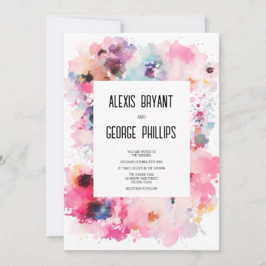 Unieke Abstracte Artsy Waterverf Bloemenbruiloft Kaart (Voorkant)