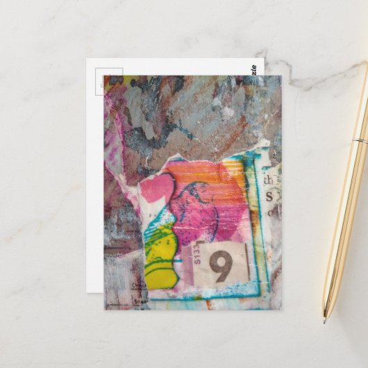 unieke abstracte mixed media collage Bird 9 Briefkaart (Voorkant / Achterkant in situ)