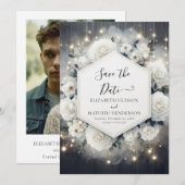 Unieke afdrukbare witte rozen bruiloft save the date (Voorkant / Achterkant)