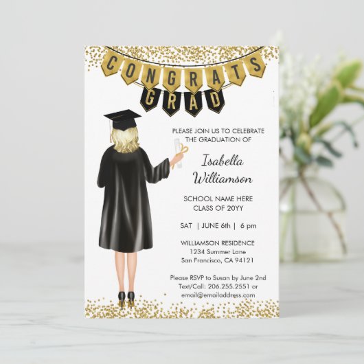 Unieke Afstuderen Uitnodiging Blond Haar (Staand voorkant)