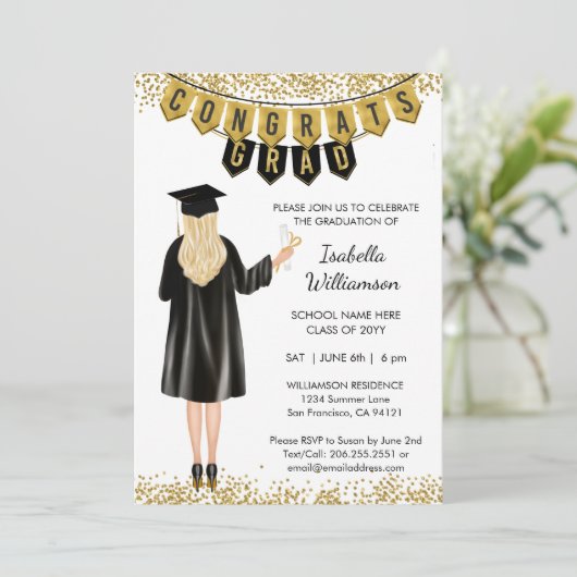 Unieke Afstuderen Uitnodiging Blond Haar (Staand voorkant)